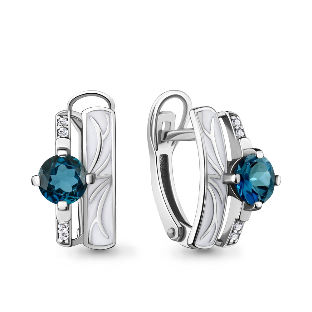 Серьги серебряные классические Топаз Лондон Блю Фианит Эмаль Aquamarine 4463908А.5 серебро с родием коллекц.
