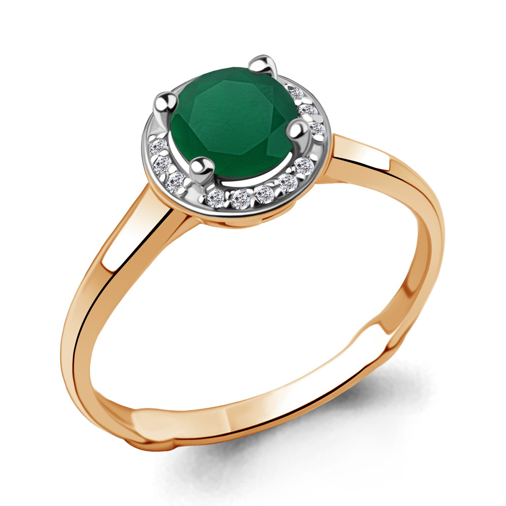 Кольцо из серебра  Агат зеленый  Фианит Aquamarine 6399109А.6 позолота