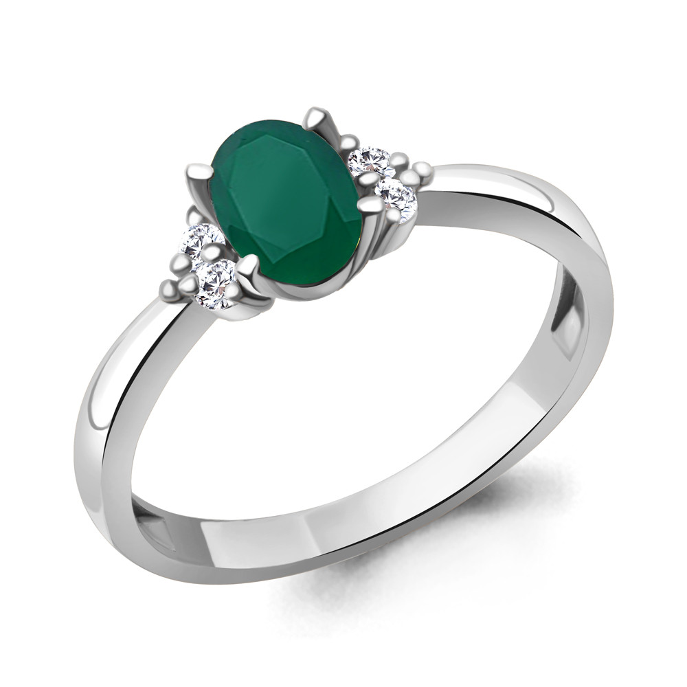 Кольцо из серебра  Агат зеленый  Фианит Aquamarine 6523609А.5 покрыто  родием