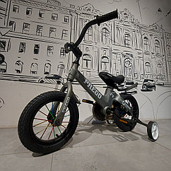Детский двухколесный велосипед "Prego". Версия 2. 12" колеса. С боковыми колесиками. Серый.
