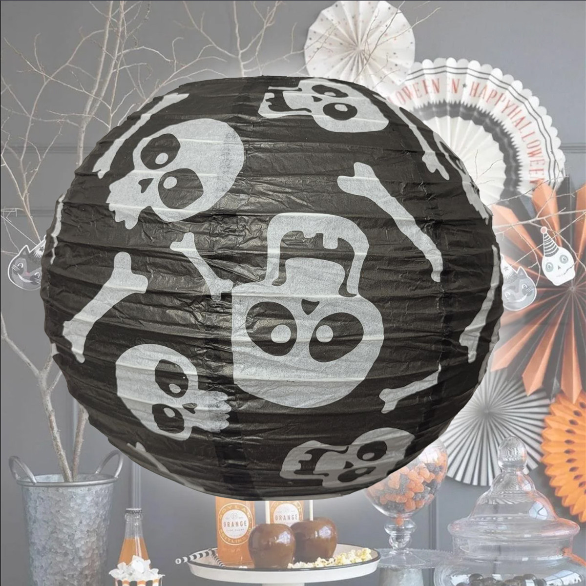 Бумажный подвесной фонарь на Хэллоуин с черепушками складной 30 см черный