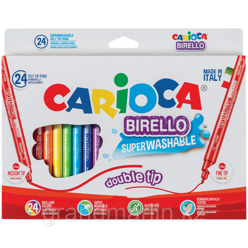 Фломастеры двусторонние Carioca "Birello", 24цв., 24шт., смываемые, картон, европодвес - фото 1 - id-p111777713
