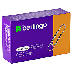 Скрепки Berlingo 50мм 100шт/уп, никелированные, карт. упак.