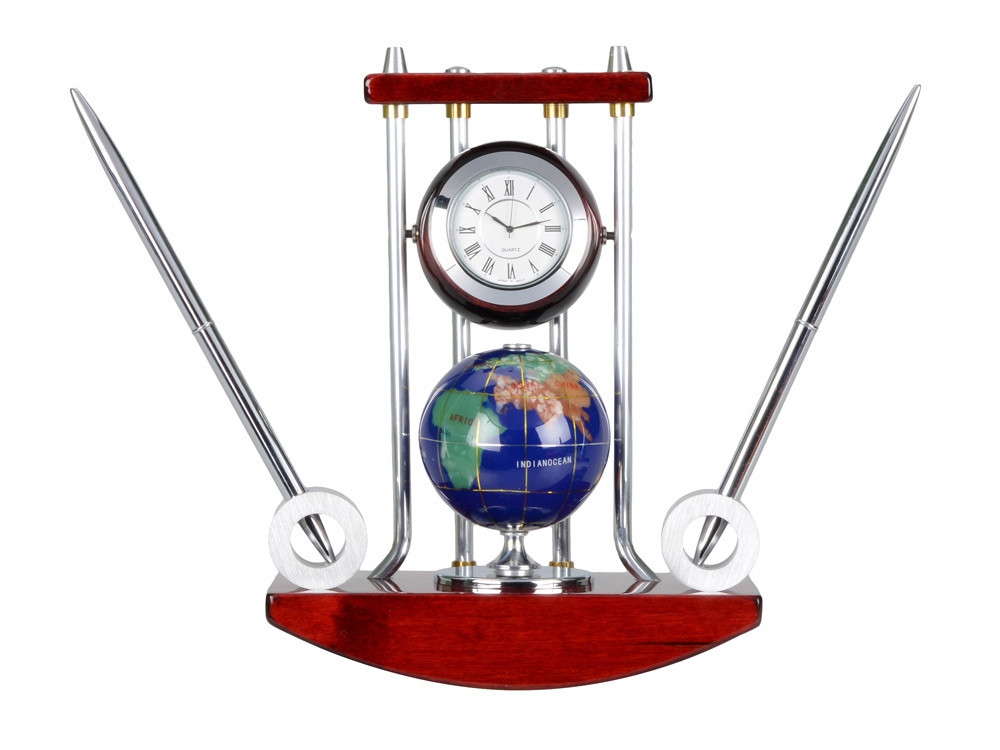 Настольный прибор Сенатор: часы с глобусом, две ручки на подставке - фото 2 - id-p111781987