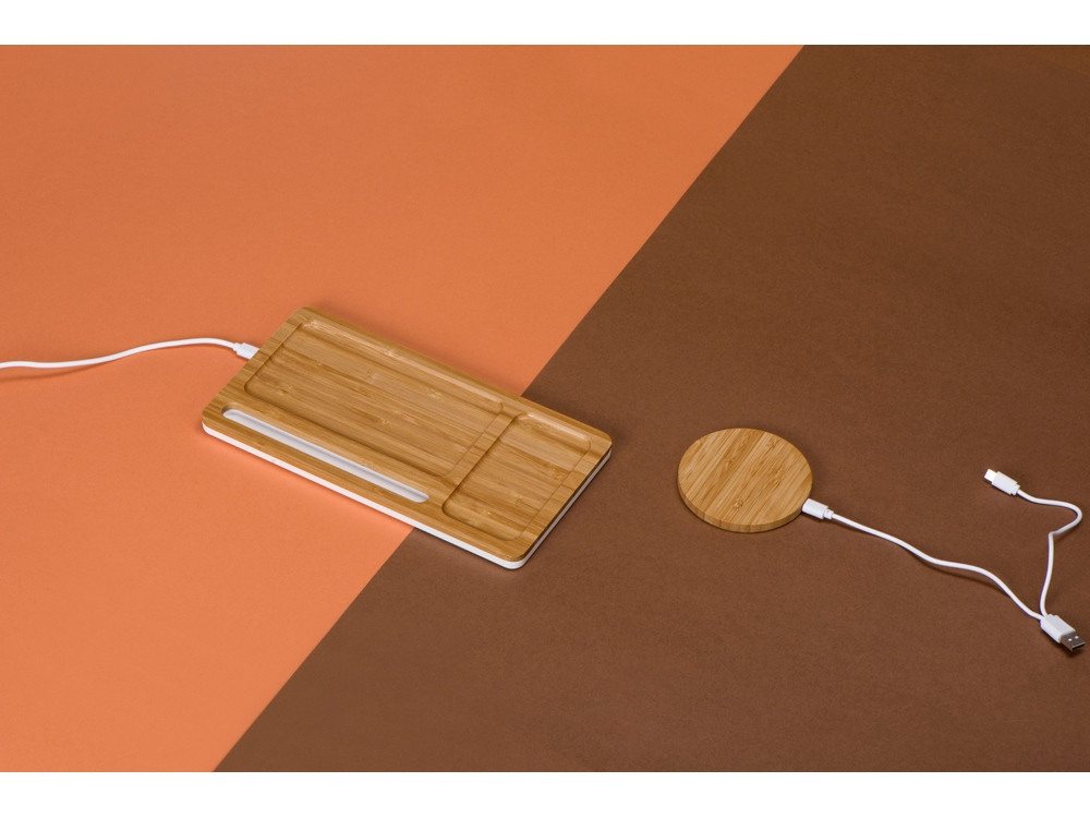 Беспроводное зарядное устройство-органайзер из бамбука Timber, темно-натуральный/белый - фото 7 - id-p111792994