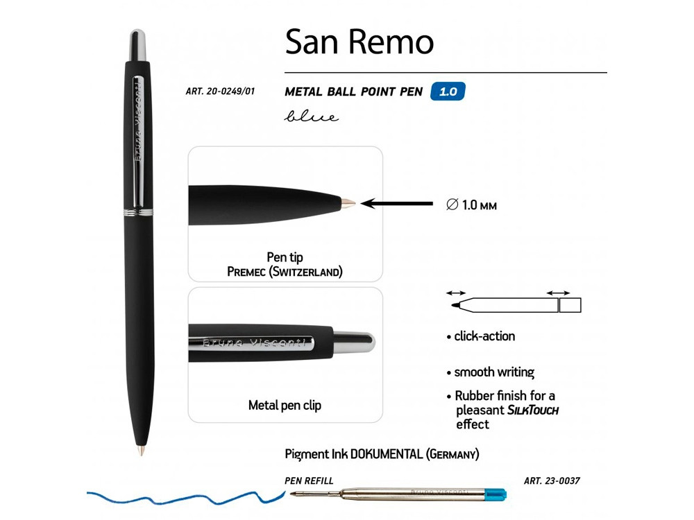 Ручка SAN REMO шариковая автоматическая, черный металлический корпус, 1.00 мм, синяя - фото 3 - id-p111814190