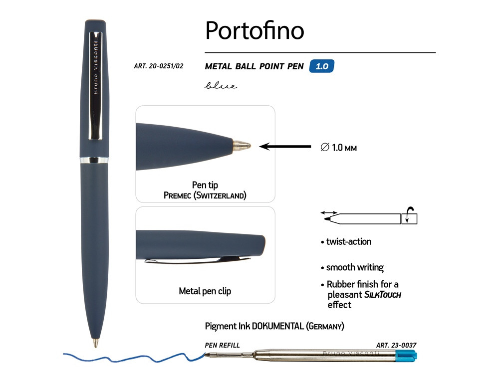 Ручка Portofino шариковая автоматическая, синий металлический корпус, 1.0 мм, синяя - фото 3 - id-p111793337