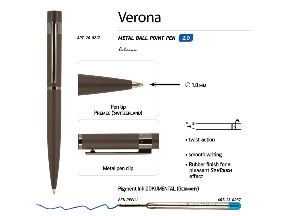 Ручка Verona шариковая автоматическая, коричневый металлический корпус 1.0 мм, синяя - фото 3 - id-p111793341