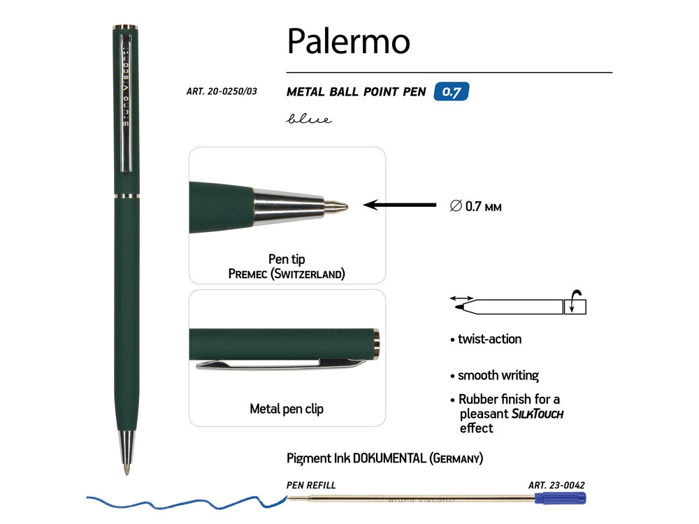 Ручка Palermo шариковая автоматическая, зеленый металлический корпус, 0,7 мм, синяя - фото 3 - id-p111793349