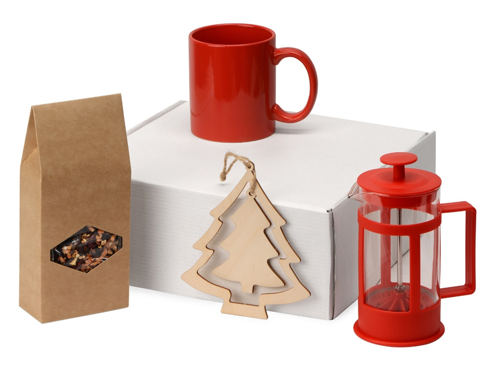Подарочный набор с чаем, кружкой, френч-прессом и новогодней подвеской Чаепитие, красный - фото 1 - id-p111798357