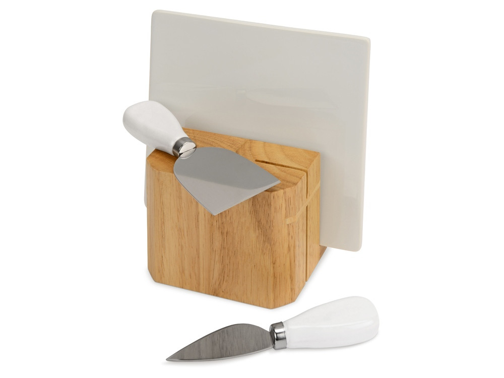 Набор для сыра Cheese Break: 2 ножа керамических на деревянной подставке, керамическая доска - фото 1 - id-p111796775