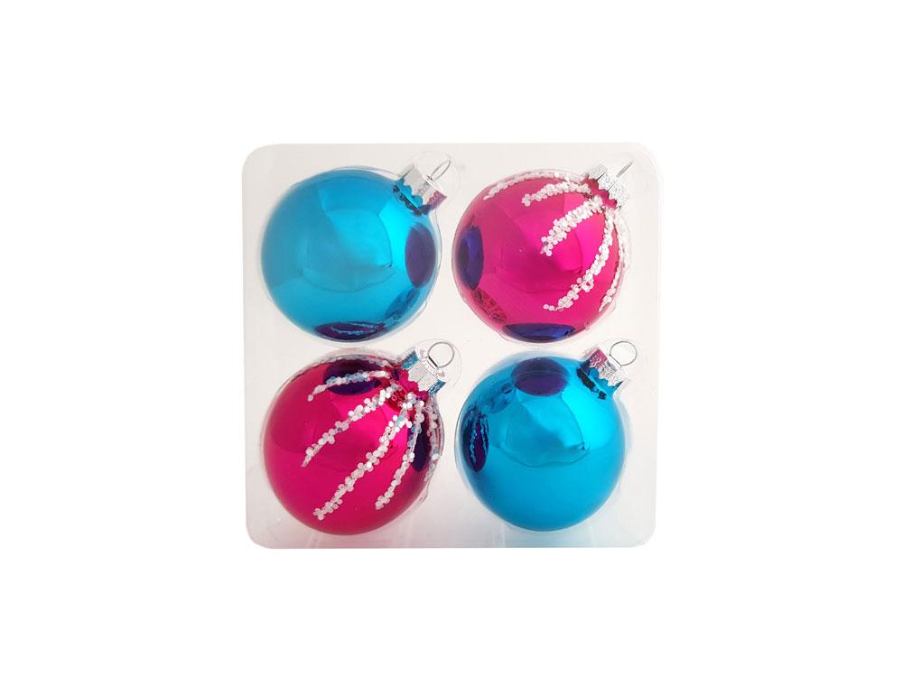 Новогоднее подвесное украшение Бирюзово-розовый шар из стекла, набор из 4 штук / 6см - фото 2 - id-p111799835