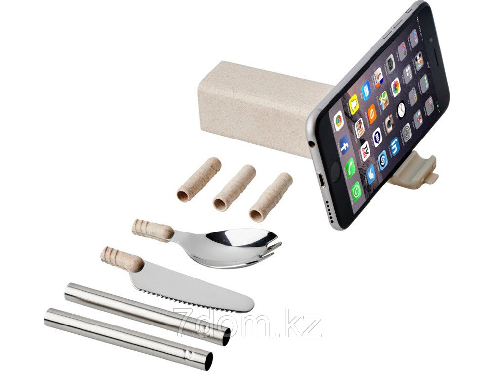 Набор столовых приборов Galen из пшеничной соломы с держателем для мобильного телефона, бежевый, фото 1
