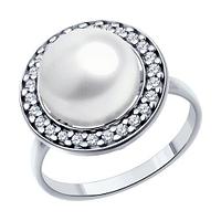 Кольцо из серебра с натуральным жемчугом и фианитами - размер 18,5