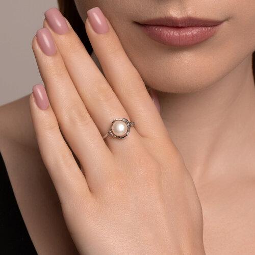 Кольцо из серебра с натуральным жемчугом и фианитами - размер 18 - фото 4 - id-p111854378