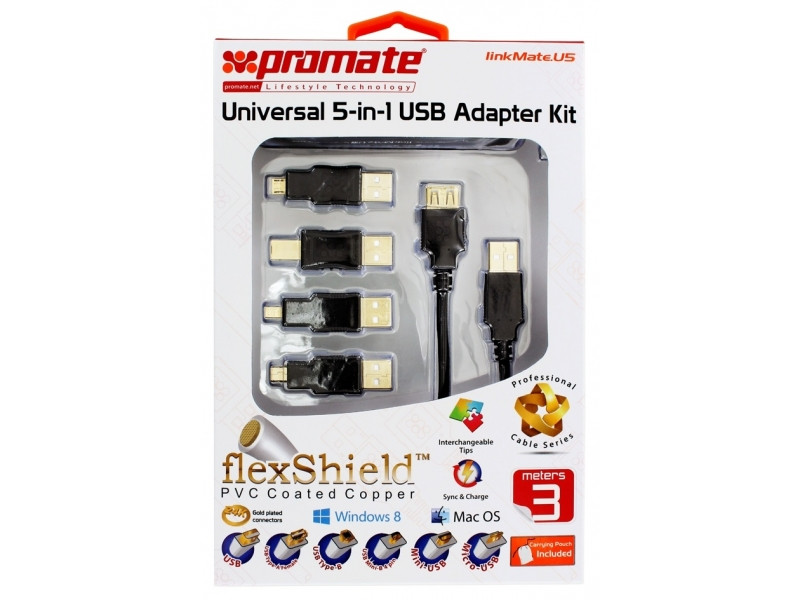 Переходник универсальный 5 in 1 USB Adapter Kit (USB A-A, USB-Type B, USB-Mini B, USB-MicroUSB). Promate LinkM, фото 1