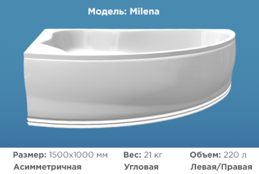 Ванна акриловая угловая Milena 1500х1000мм с панелью и каркасом - фото 2 - id-p111975185