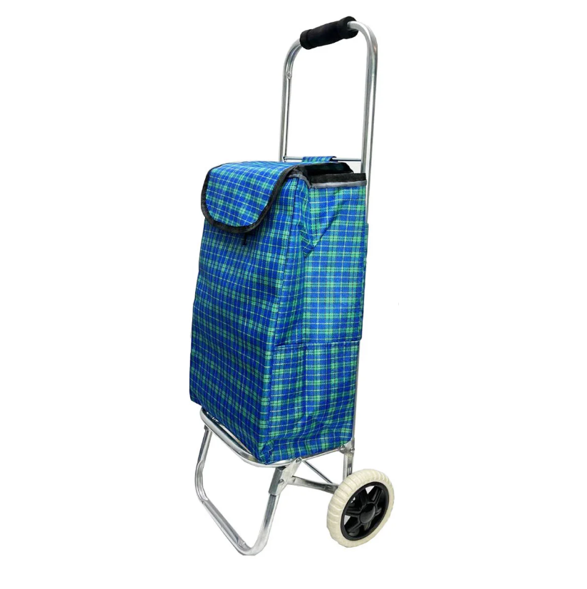 Хозяйственная сумка тележка клетчатая голубая металлическая на 2 колесах
