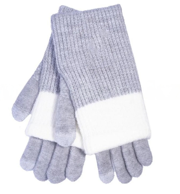 Женские перчатки двойные с сенсорными пальчиками светло-серые