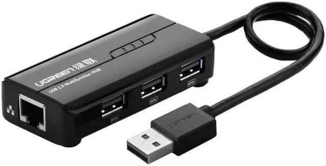 UGREEN 20264 Адаптер USB 2.0 на LAN RJ-45,10/100 Mbps + 3-портовый USB-A концентратор