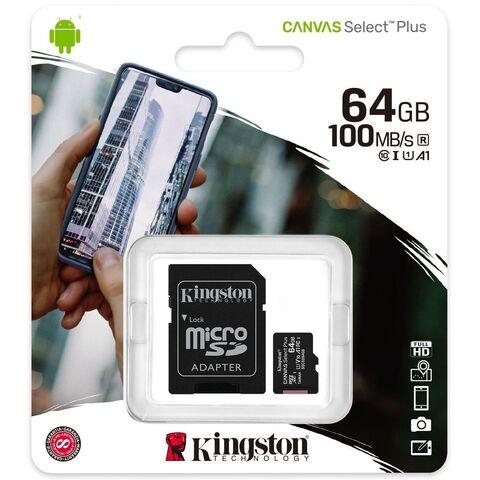 Карта памяти microSD 100MB/s A1 Kingston CANVAS Select Plus с переходником (64Gb U1) - фото 1 - id-p112024426