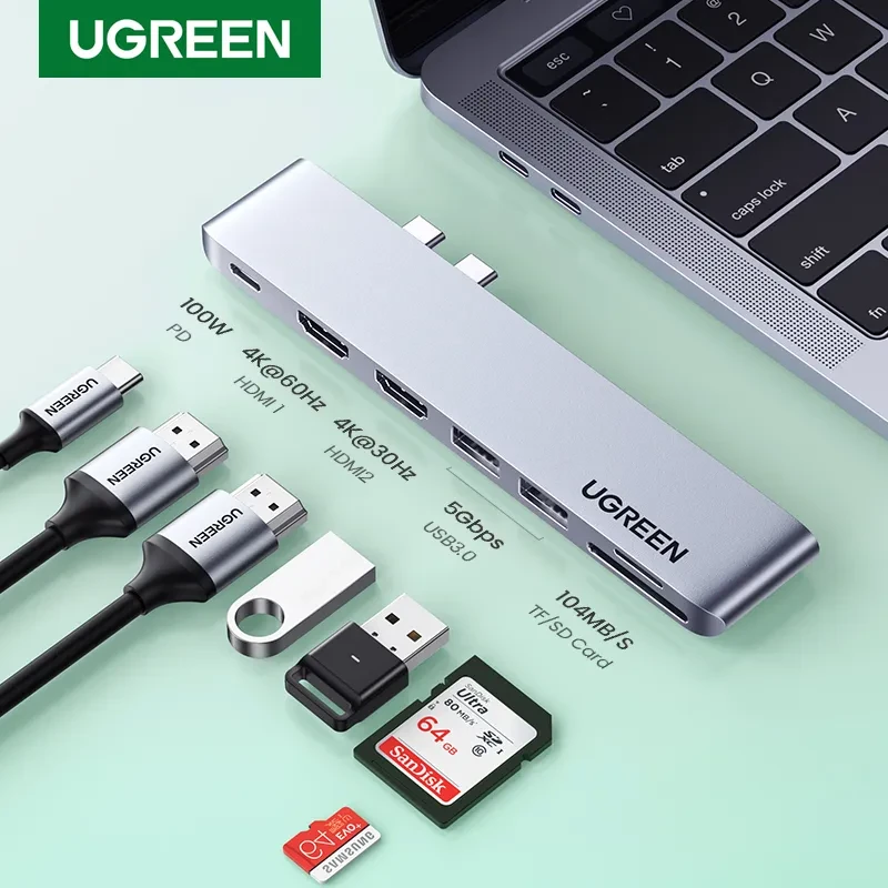 UGREEN 80548 Конвертер сигнала CM356, Dual USB-C To 2*USB 3.0 A+USB-C Female+ 2*HDMI+TF/SD