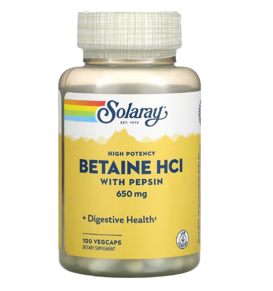 Solaray, высокоэффективный бетаина гидрохлорид с пепсином, 650 мг, 100 капсул VegCap - фото 1 - id-p112081789