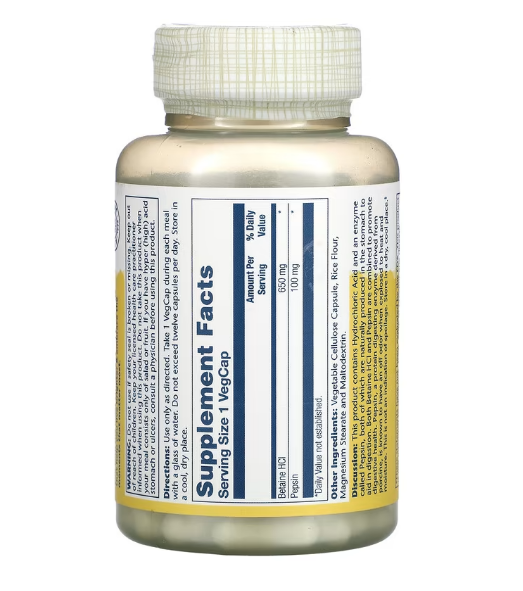 Solaray, высокоэффективный бетаина гидрохлорид с пепсином, 650 мг, 100 капсул VegCap - фото 2 - id-p112081789