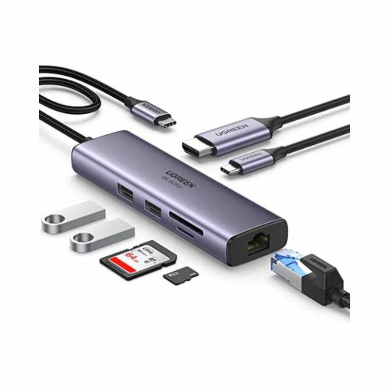 UGREEN 70301 Адаптер мультифункциональный CM274, USB-C To 2*USB 3.0 A+HDMI+VGA+DP+RJ45 Gigabit+SD/TF+PD