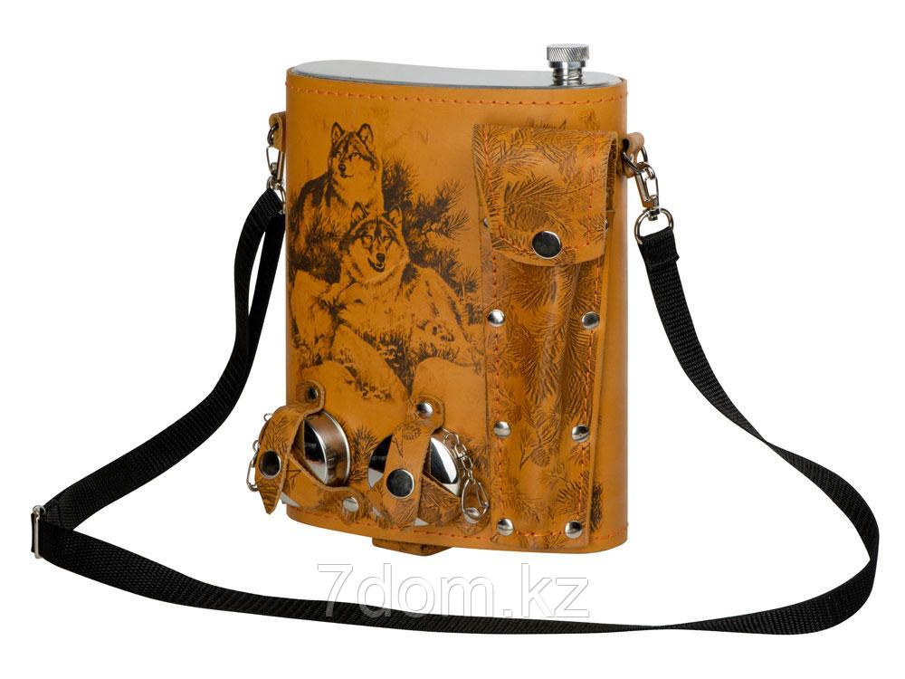 Набор Подарочный: фляга 511/2 (рыжая кожа), 2л+2 стаканчика+2 вилки, фото 1