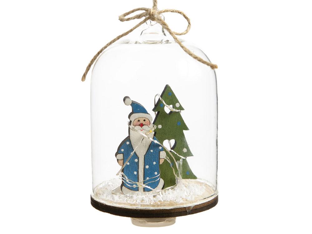 Новогоднее украшение Дед Мороз в колбе из древесины тополя и стекла, со светодиодной подсветкой, в комплекте с - фото 1 - id-p112103053