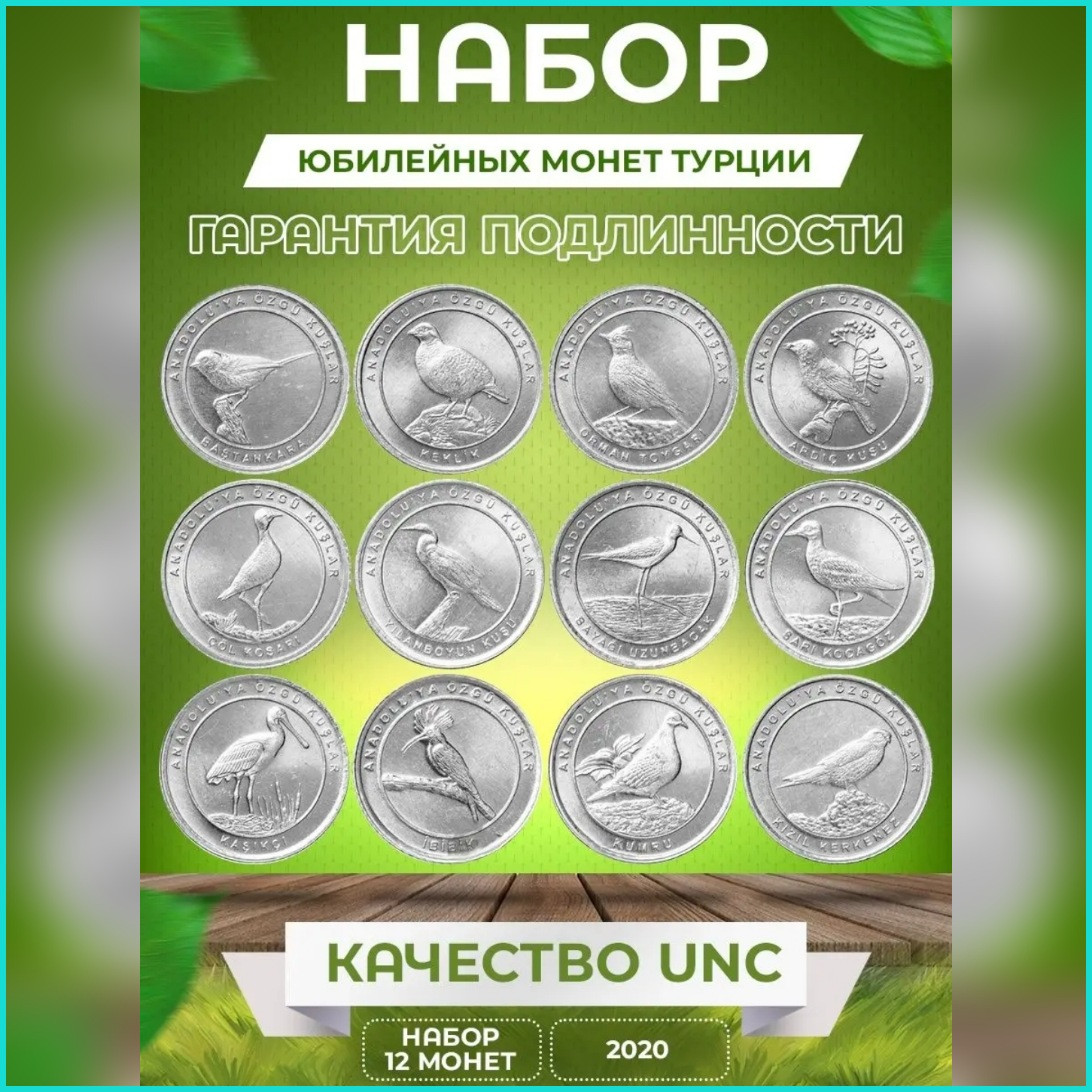 Набор монет "Птицы Анатолии" 1 куруш 2020 г. (Турция) 12 шт.