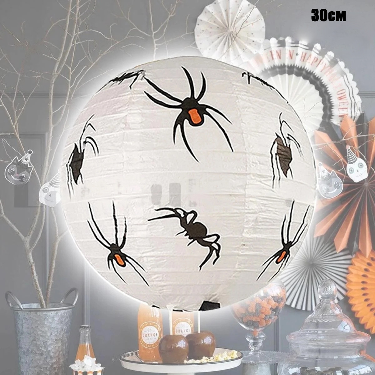 Бумажный подвесной фонарь на Хэллоуин с пауками складной 30 см белый - фото 1 - id-p112146279