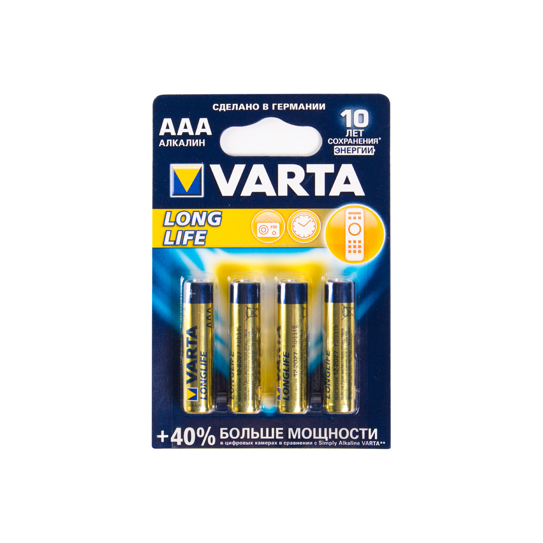 Батарейка, VARTA, LR03 Longlife Micro, AAA, 1.5 V, 4 шт., Блистер - фото 1 - id-p112147527