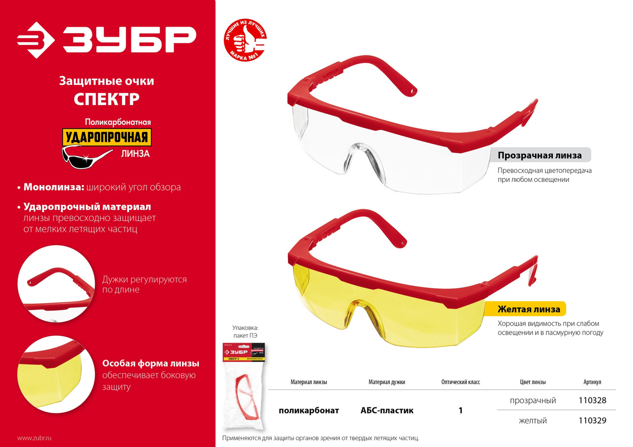 ЗУБР СПЕКТР 5 прозрачные, монолинза с дополнительной боковой защитой, открытого типа, защитные очки (110328) - фото 1 - id-p112219029