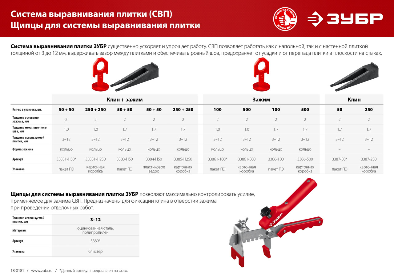 ЗУБР СВП 1,0 мм, зажим, 500 шт., Система выравнивания плитки, МАСТЕР (33861-500) - фото 2 - id-p112219295