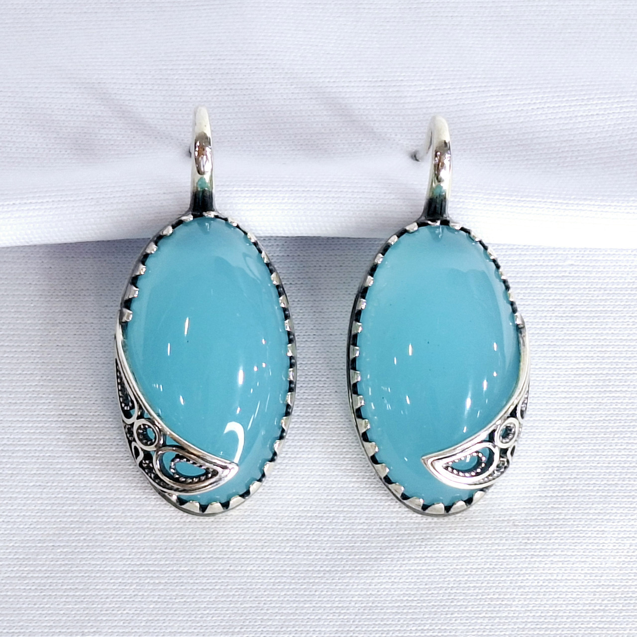 Серьги из серебра искусственный агат голубой Красная Пресня 33312560гх серебро оксидированное, фото 1