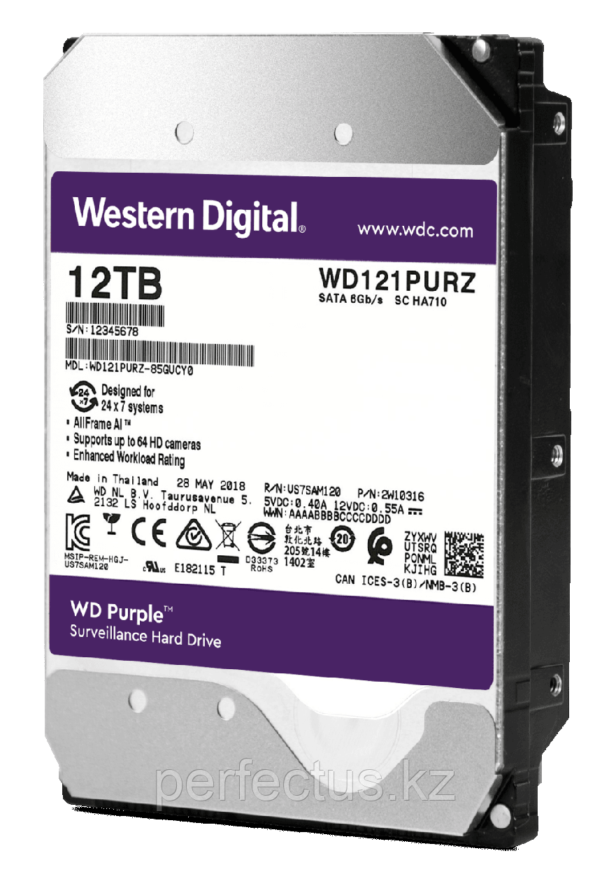 Жесткий диск WD Purple WD121PURZ 12ТБ 3,5" 7200RPM 256MB (SATA-III) DV&NVR с поддержкой аналитики данных (AI) - фото 3 - id-p112260498