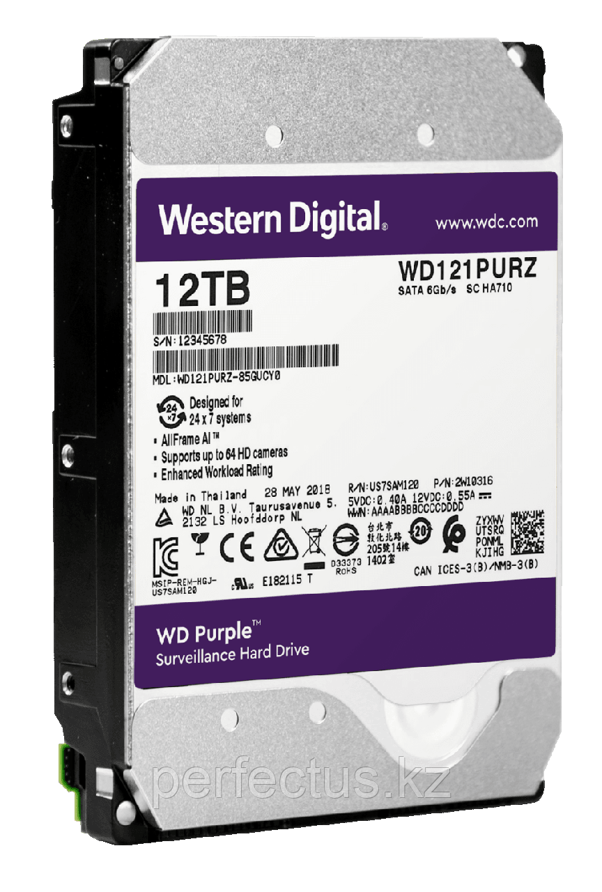 Жесткий диск WD Purple WD121PURZ 12ТБ 3,5" 7200RPM 256MB (SATA-III) DV&NVR с поддержкой аналитики данных (AI) - фото 4 - id-p112260498