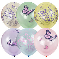 Воздушные шары 25шт M12/30см "Кристалл Bubble. Бабочки", пастель+декоратор арт.4690296070175