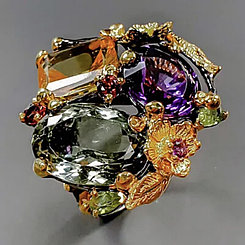 Кольцо с натуральным зеленым и фиолетовым Аметистом и Цитрином