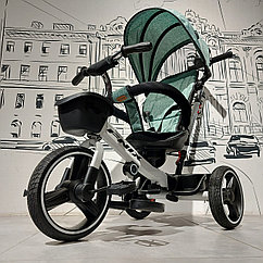 Комфортный детский трехколесный велосипед "Fnix" с ручкой и капюшоном. Велоколяска. Ментол.
