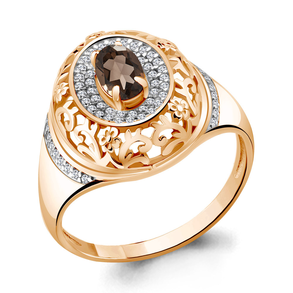 Серебряное кольцо Кварц дымчатый Фианит Aquamarine 6545501А.6 позолота - фото 1 - id-p112460634
