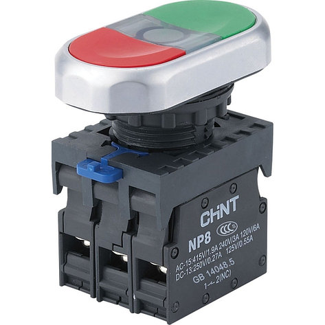 Двойная кнопка CHINT NP8-11SD 1НО+1НЗ красная AC110В-220В(LED) IP65, фото 2