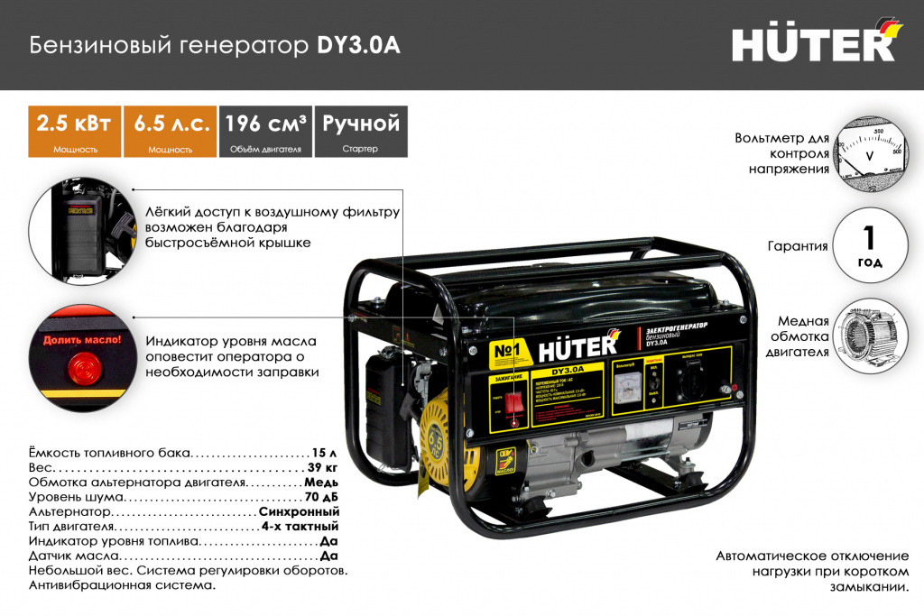 Электрогенератор Huter DY3.0A 64/1/56 (2.8 кВт, 220 В, ручной старт, бак 15 л) - фото 2 - id-p100308490