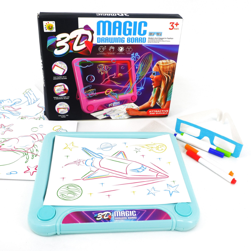 Планшет для рисования 3D Magic Drawing Board c 3D очками светящийся прямоугольный голубой 31х21 см - фото 1 - id-p77864290