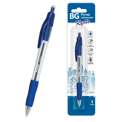 Ручка шариковая автоматическая "BG Kyoto", 1мм, синяя, прозрачный корпус, 1шт в блистере
