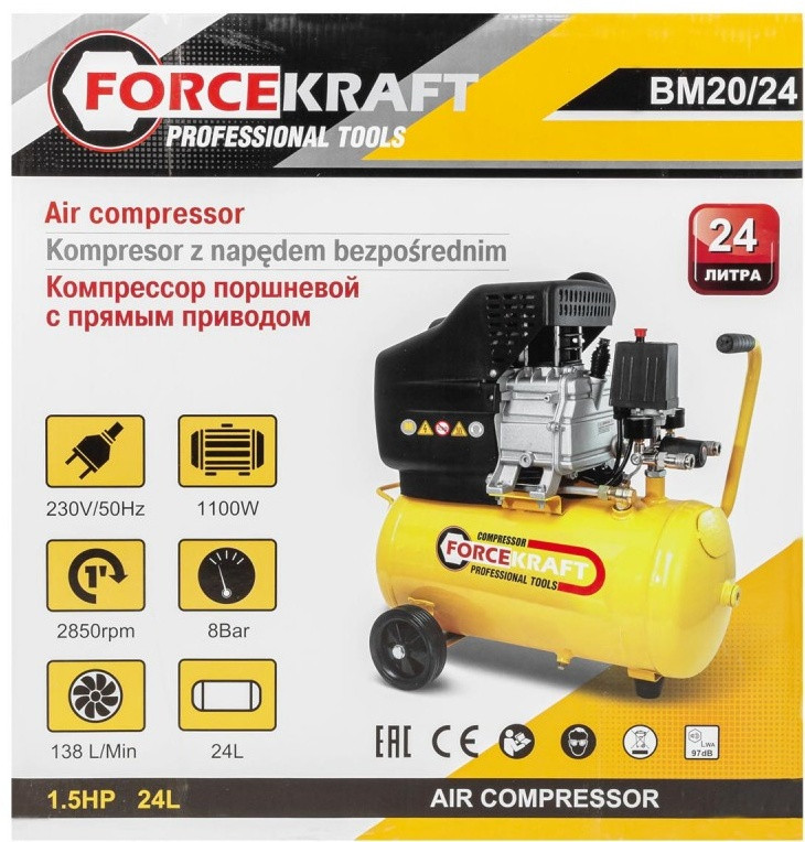 Компрессор безмасляный ForceKraft FK-BM20/24, (24л,8 бар,1.5квт, 180л\мин)