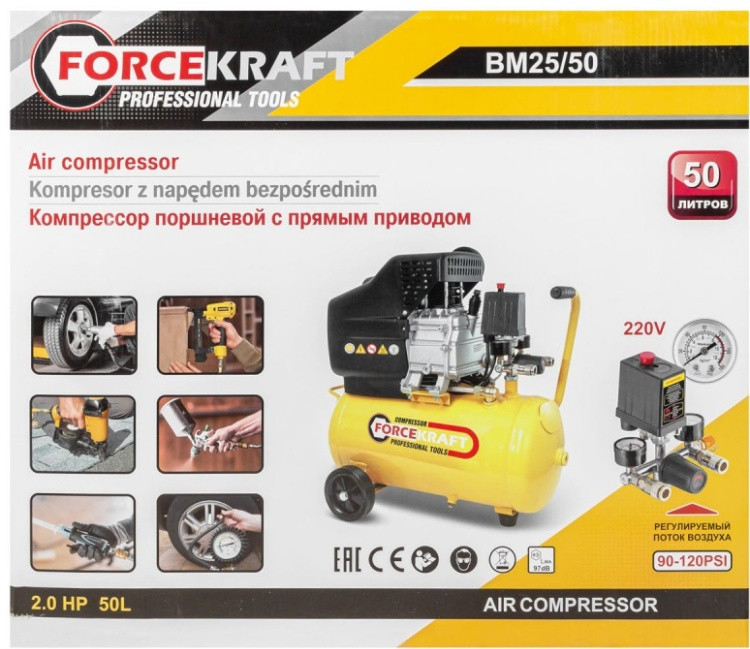 Компрессор поршневой FORCEKRAFT FK-BM25/50 (1.5 кВт, 50 л, 180 л/мин, 8 бар, 220 В, масляный) - фото 1 - id-p112640966