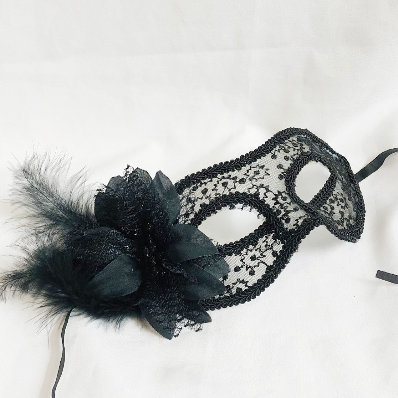 Венецианская маска, карнавальная маска, маска с перьями черная, фото 1